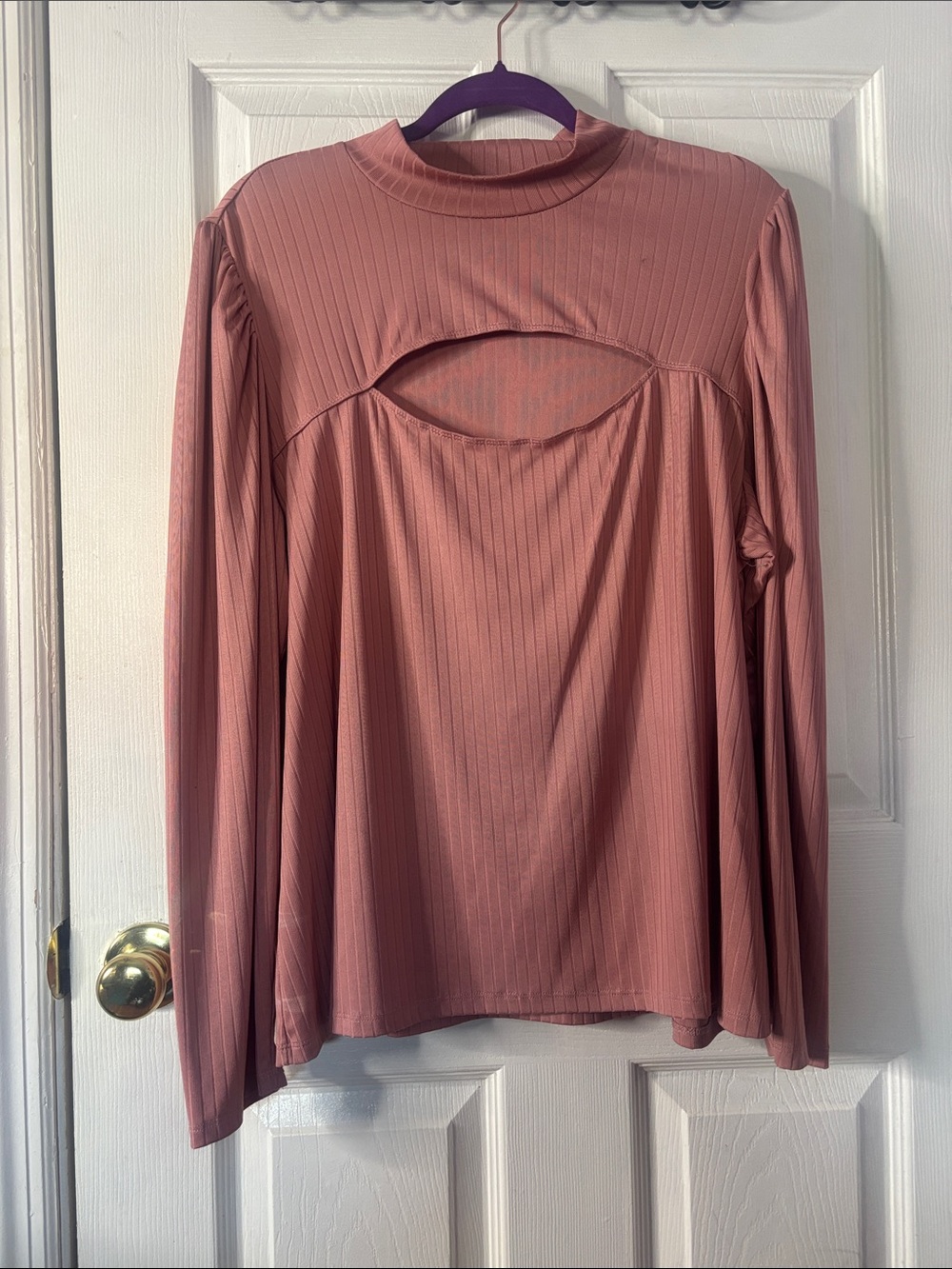 Ribbed Mock Neck Long Sleeve Top with Front Keyhole - Dusty Rose